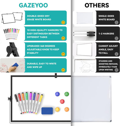 Dry Erase White Board, Cazeyoo Magnetic Desktop Whiteboard 16 x 12inch with Stand, 10 Markers, 4 Magnets and 1 Eraser, Portable Double-Sided White Board for Kids Drawing, Office, Home, School