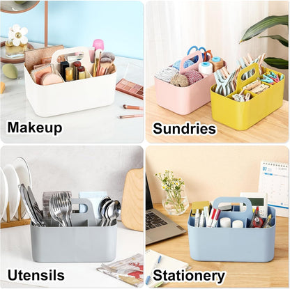 Multiuse Caddy Organizer with Handle, Portable Divided Plastic Tote Bin - Art Craft, Stationary Pen Marker Crayons, Makeup Hair Supplies Storage - Bathroom, Classroom, Dorm, Office, Desk Holder -White