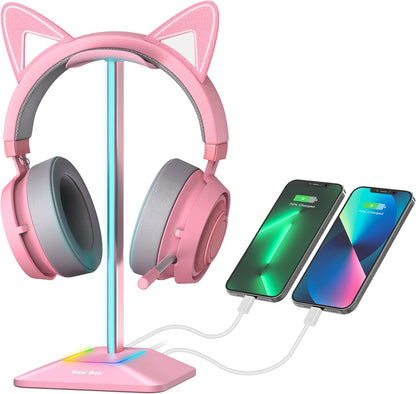 New Bee Headphone Stand with RGB Lighting, Sturdy Aluminum Gaming Headset Holder with USB-C & USB Charging Ports, Stable Desktop Earphone Stand for All Headphones Size, Black