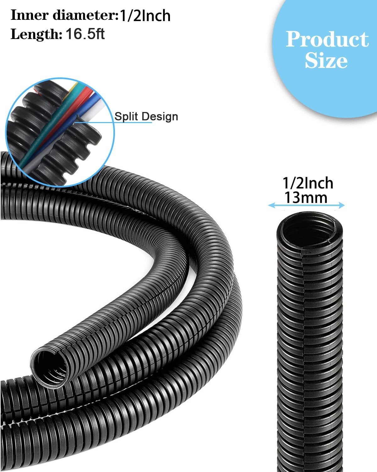 1/4 Inch Wire Loom Split Tubing - 16.5ft Cord Protector Electric Wires Covers, Automotive Wire Flexible Conduit, Plastic Wire Cover