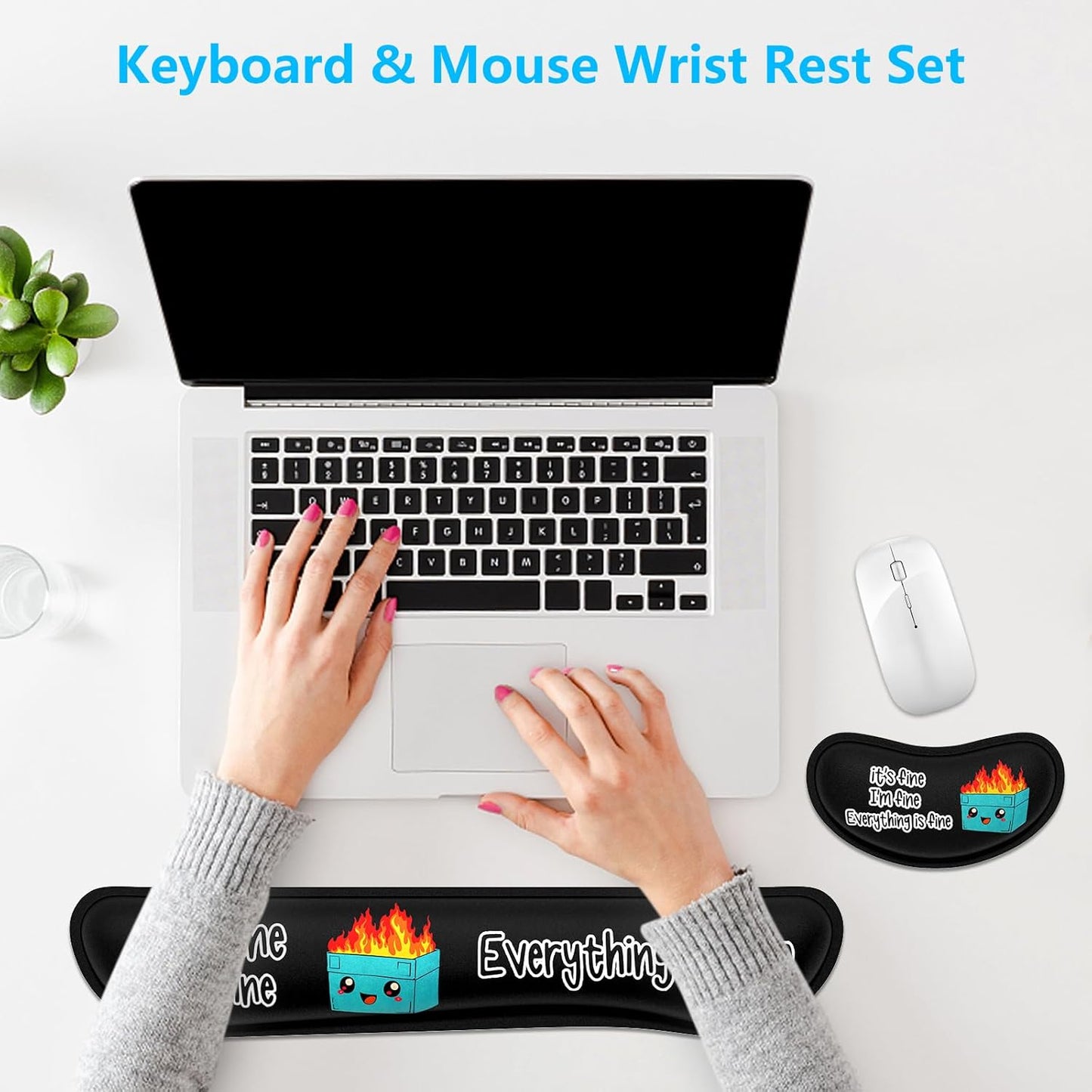 Dapesuom Enlarge Keyboard Wrist Rest, Memory Foam Wrist Cushion for Desk Mat Support, Cute Pain Relief Keyboard Mouse Pad Rests Set with Non-Slip Base for Gaming Laptop Office Computer, Elegant Flower