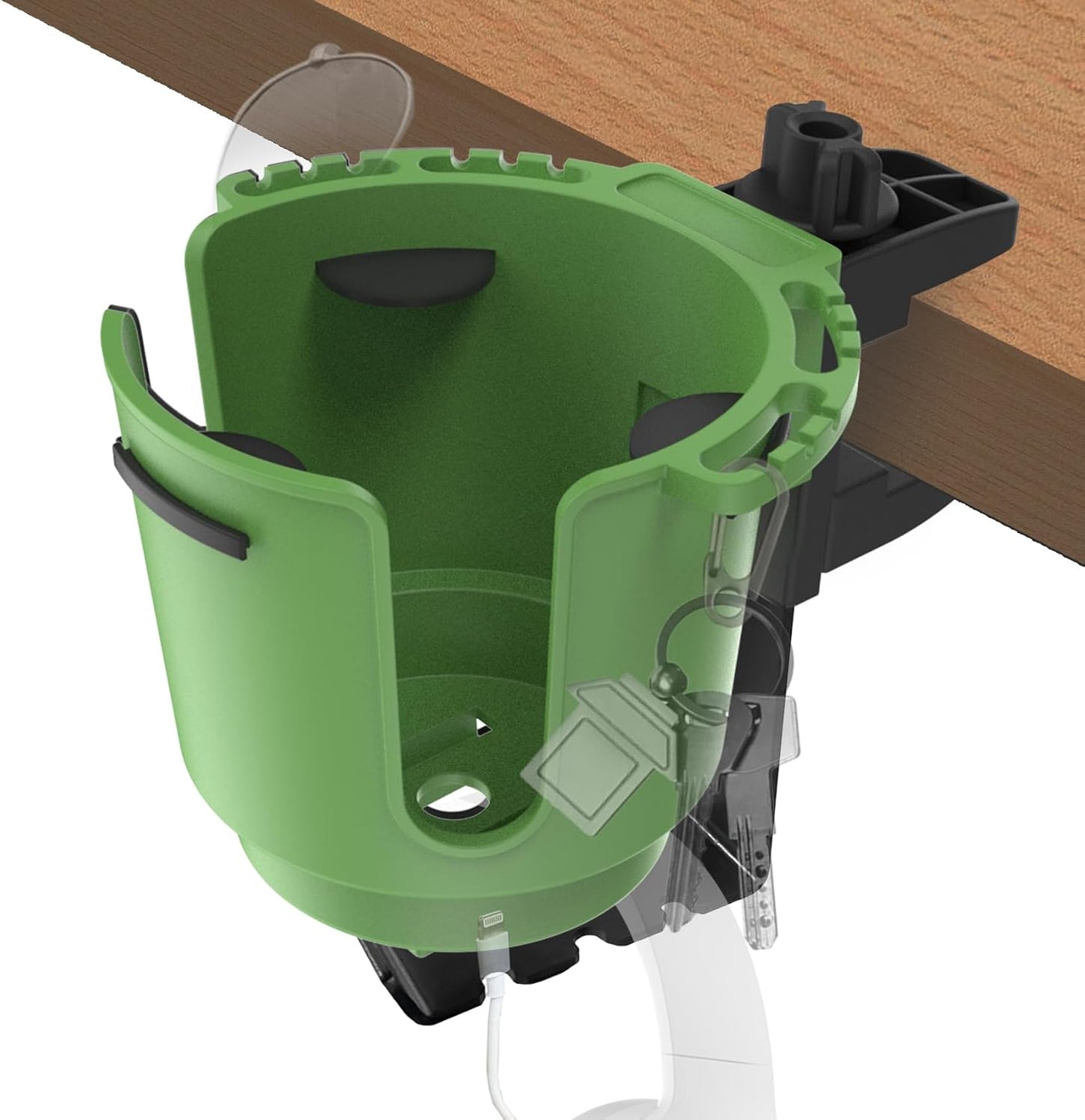 Desk Cup Holder with Headphone Hanger, Clip on Cup Holders for Desks with Spill-Proof Cup Design, Easy to Install, Enough to Hold 8-28OZ Coffee Cups, Water Bottles. (Black, Medium)