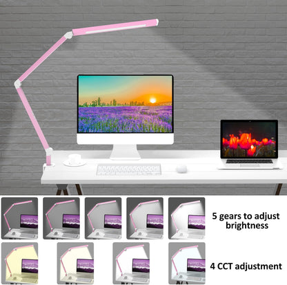 LED Desk Lamp with Clamp, Architect Desk Lamp with Dual Light and Adjustable Swing Arm, Clip-on Eye-Care 4 CCT Modes & 5 Brightness Levels Table Light Modern Computer Lighting for Home Office