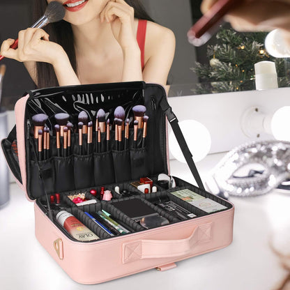Relavel Makeup Case Large Makeup Bag Professional Train Case 16.5 inches Travel Cosmetic Organizer Brush Holder Waterproof Makeup Artist Storage Box, 3 Layer Large Capacity, with Adjustable Strap