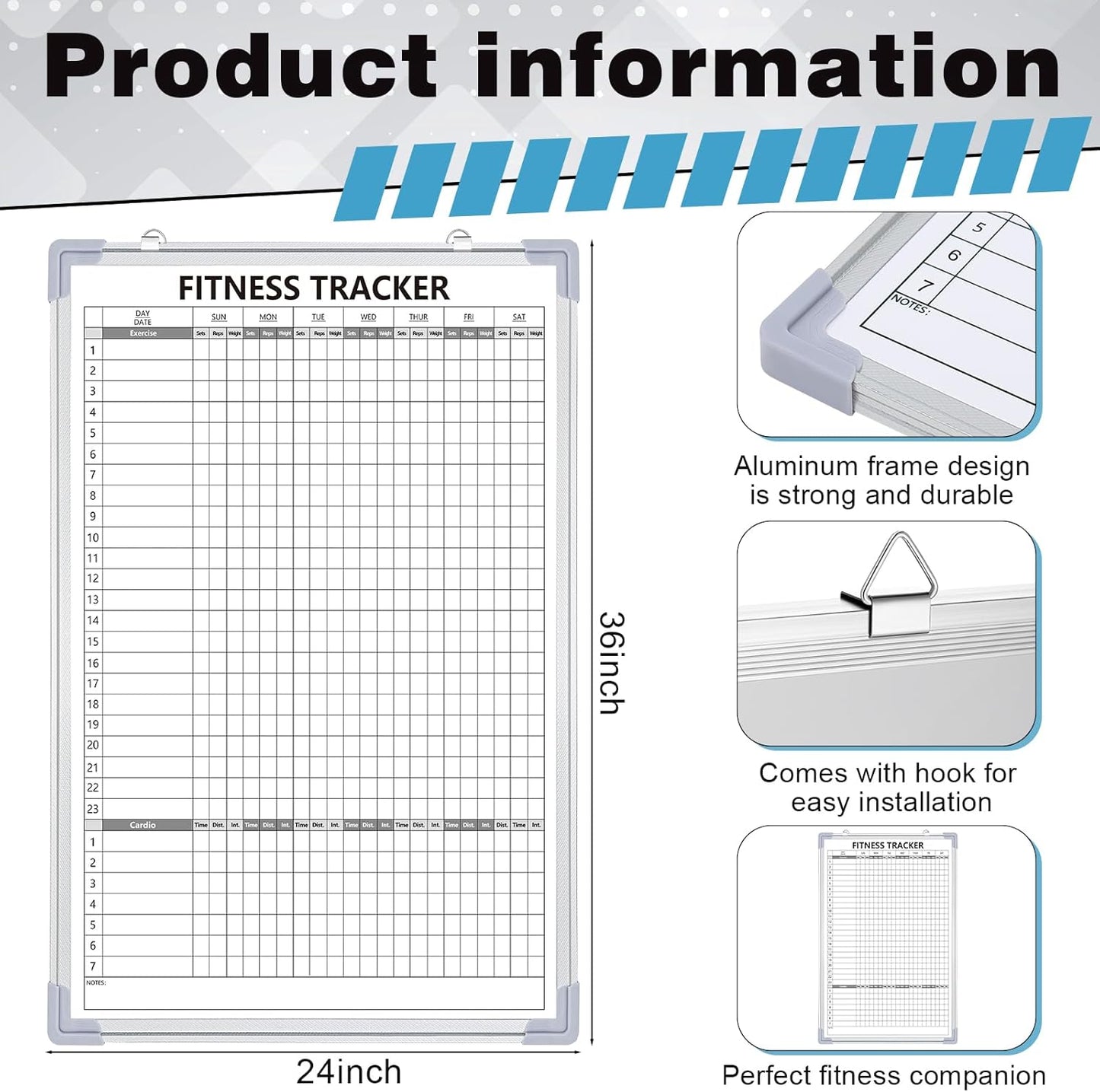 Lincia 16 x 12 Inch Fitness Tracker Whiteboard Workout Calendar for Home Gym Dry Erase Planner Hanging Removable to Do List for Wall Whiteboard with Aluminum Frame for Gym Program(Style A)