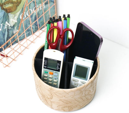 Round Leather Art Supply Organizer,Remote Control Holder,360 Degree Rotating,Multi-Functional Pencil Holder,4 Compartments Desktop Stationary Organizer(1-Fractal Flower) | Round - Colors C