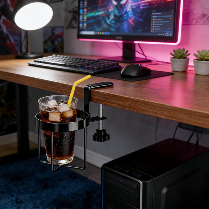 MYITYARD Desk Cup Holder Clamp, Anti-Spill Clip On Table Cup Holder, Rotatable Water Bottle Stand Drink Coffee Mug Storage, Office Accessories for Home and School (Black)