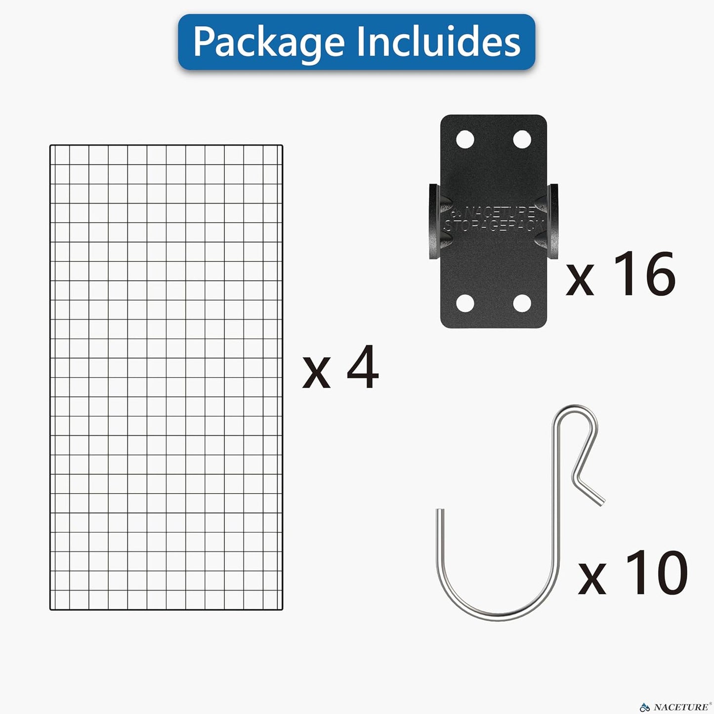 NACETURE Grid Wall Panels- 4 Pcs 2x4 ft Black Grid Wall Panel Display with 16 Gridwall Hooks & 10 S-Hooks, Space Saving Wire Mesh Panels for Retail, Garage, Home & Office Storage