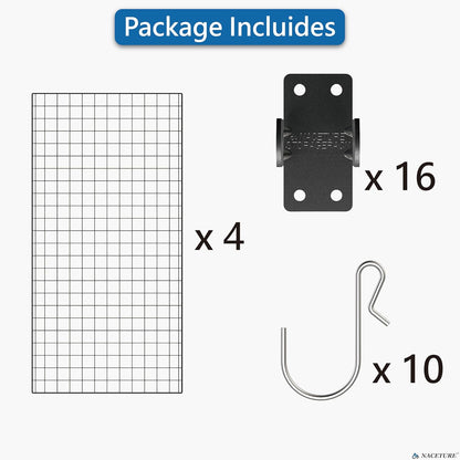 NACETURE Grid Wall Panels- 4 Pcs 2x4 ft Black Grid Wall Panel Display with 16 Gridwall Hooks & 10 S-Hooks, Space Saving Wire Mesh Panels for Retail, Garage, Home & Office Storage