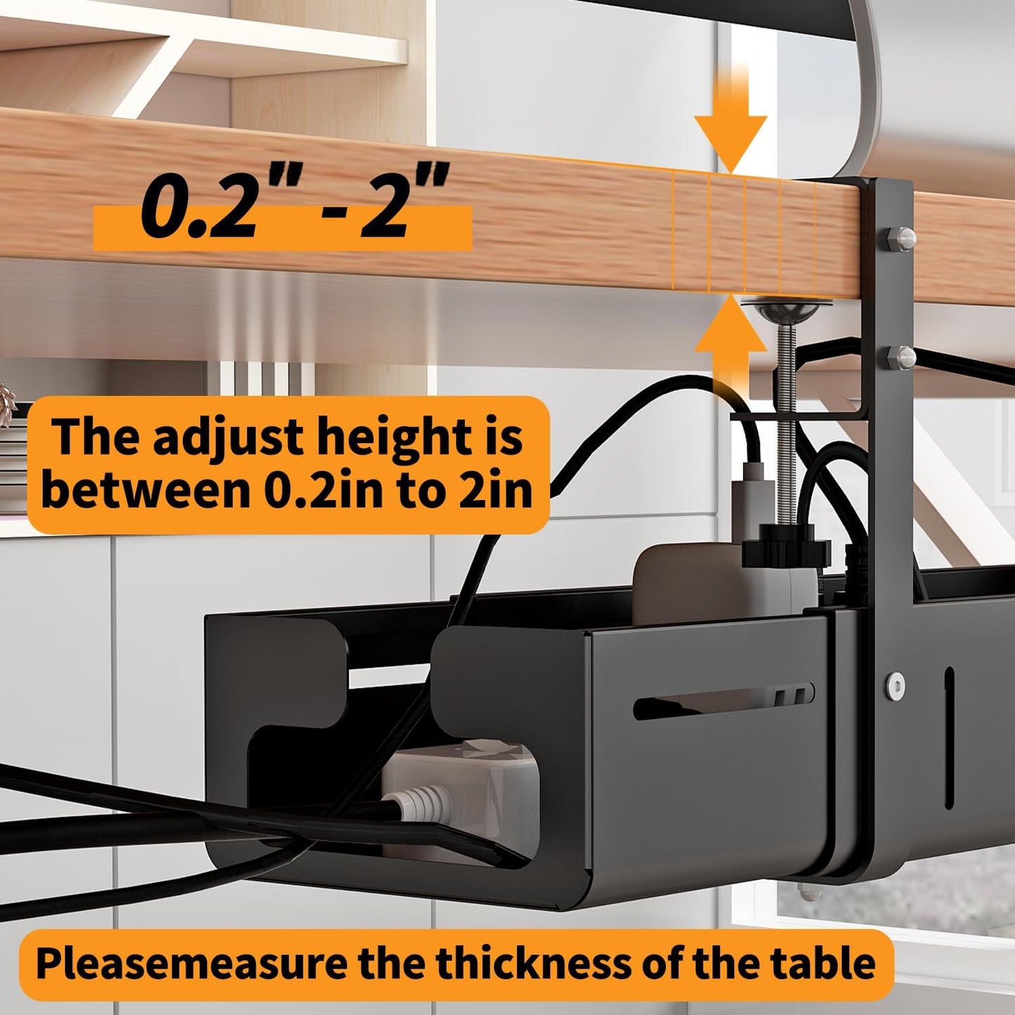Under Desk Cable Management Tray, Expandable Length 25.2"-38.6",No Drill No Damage to Desk,Cable Tray with Clamp for with Wire Management,for Cord Organizer for Home Office Standing Desk, Black