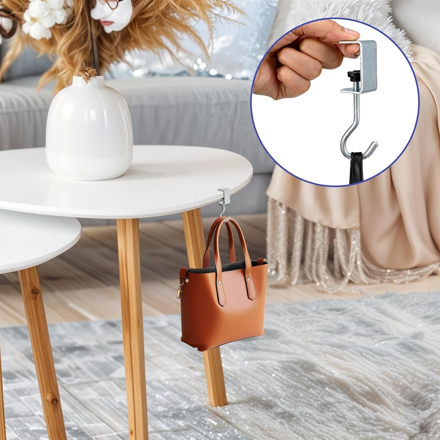 2PCS Desk Mount Bag Holder Hook, Desk Hook with Adjustable Arm Clamp Under Table Handbag Hanger Purse Hooks Portable Clamp-On Backpack Hanger for Table, Under Counter(Silver)