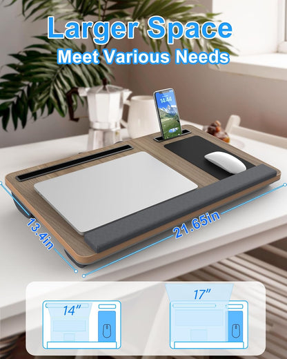 HETTHI Laptop Lap Desk, Portable Large Laptop Desk for Bed, Up to 17 Inch Lap Pad Tray with Wrist Rest, Mouse Pad, Tablet Phone Slot, Portable Handle, Cushion (Black)