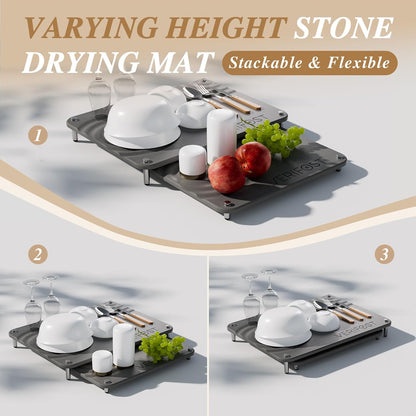 Pearl White 2Pcs Large Stone Dish Drying Mat with Acacia Wood Holder Stand for 1 Inch Cutting Board and Stone Drying Mat for Kitchen Counter Quick Dry Diatomaceous Earth Mat for Kitchen Counter