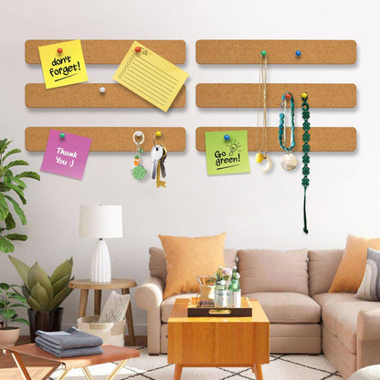 6 Pack Corkboard Strips for Walls, Self Adhesive Thick Cork Board Strips, Peel and Stick Cork Board with 50 Push Pins for Paste Notes, Photos, Schedules