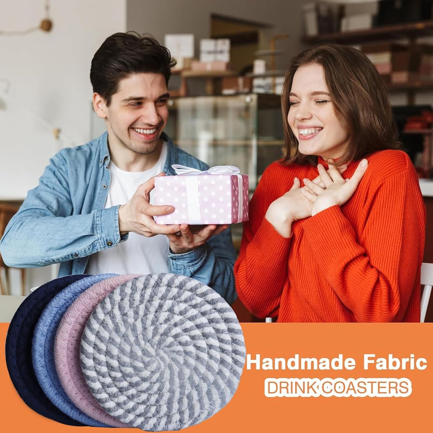 4.8" Drink Cotton Coasters Set of 2 – Boho Woven Drink Pads for Coffee & Tea, Neutral Sandstone Blend Fabric Cup Mats for Desk, Table, Nightstand, Dorm, Giftable Absorbent Coaster Set (Latte)