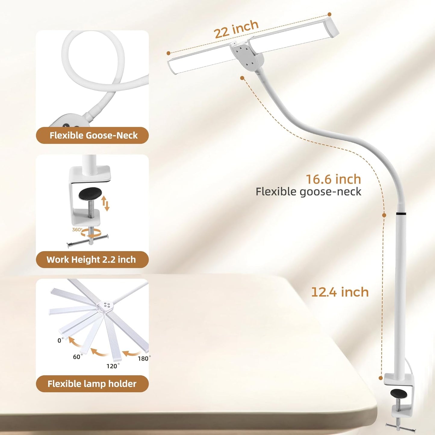 Motumen Led Desk Lamp for Home Office, Eye-Care Architect Light with Clamp, Smart Double Head Computer Monitor Table Clip Lamp, Adjustable Flexible Goose-Neck, 25 Lighting Models, Task Lamp, Black
