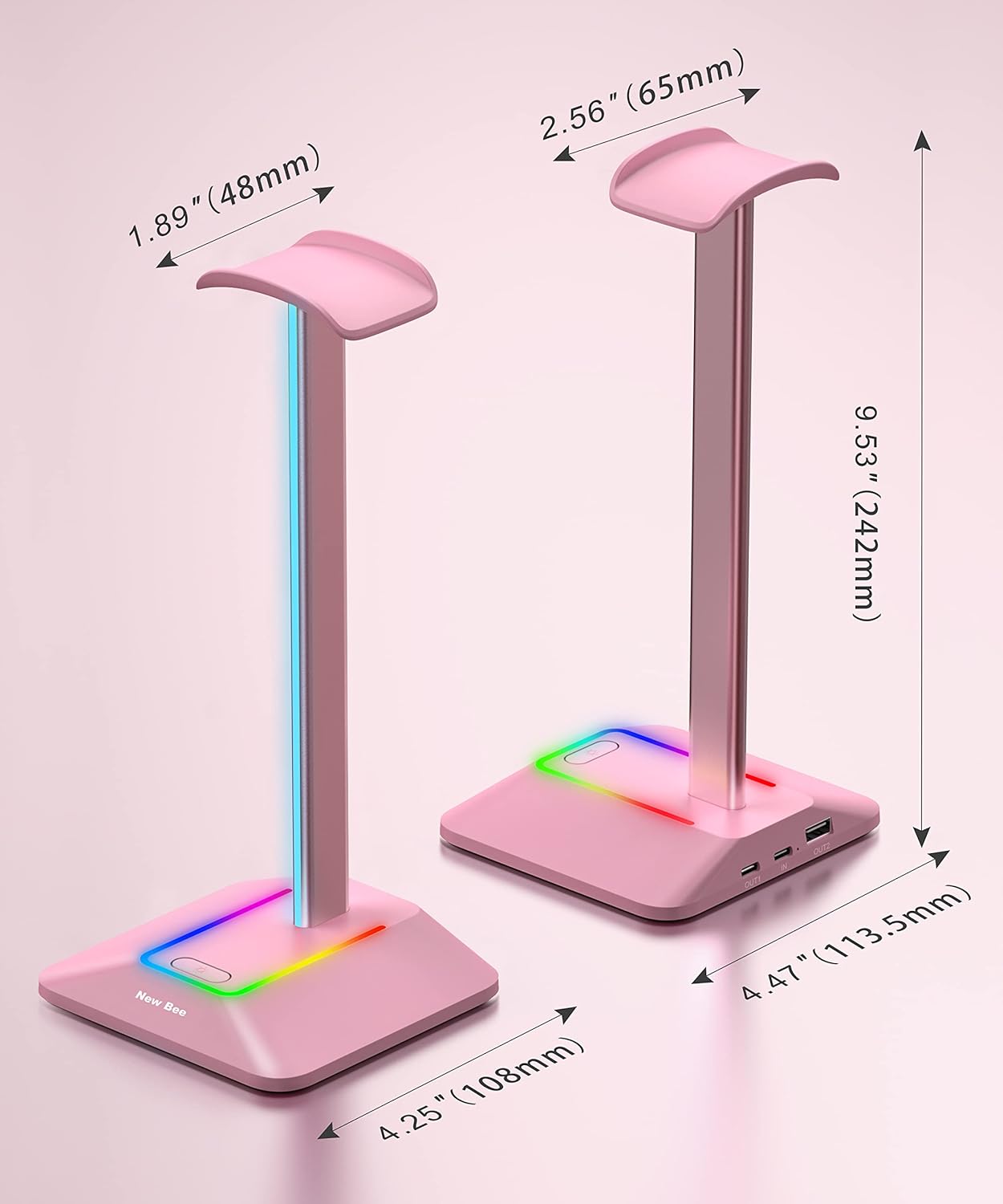 New Bee Headphone Stand with RGB Lighting, Sturdy Aluminum Gaming Headset Holder with USB-C & USB Charging Ports, Stable Desktop Earphone Stand for All Headphones Size, Black