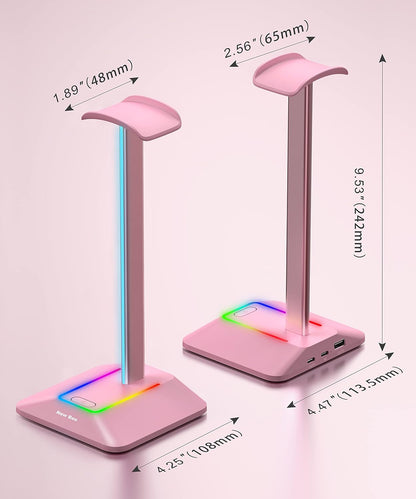 New Bee Headphone Stand with RGB Lighting, Sturdy Aluminum Gaming Headset Holder with USB-C & USB Charging Ports, Stable Desktop Earphone Stand for All Headphones Size, Black