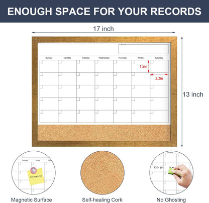 Calendar Whiteboard for Wall, TANKEE 17x13 Inches Whiteboard Calendar Cork Board Combo, Small Magnetic White Board with Wood Framed, Hanging Dry Erase Board for Kitchen Home Office School Planner