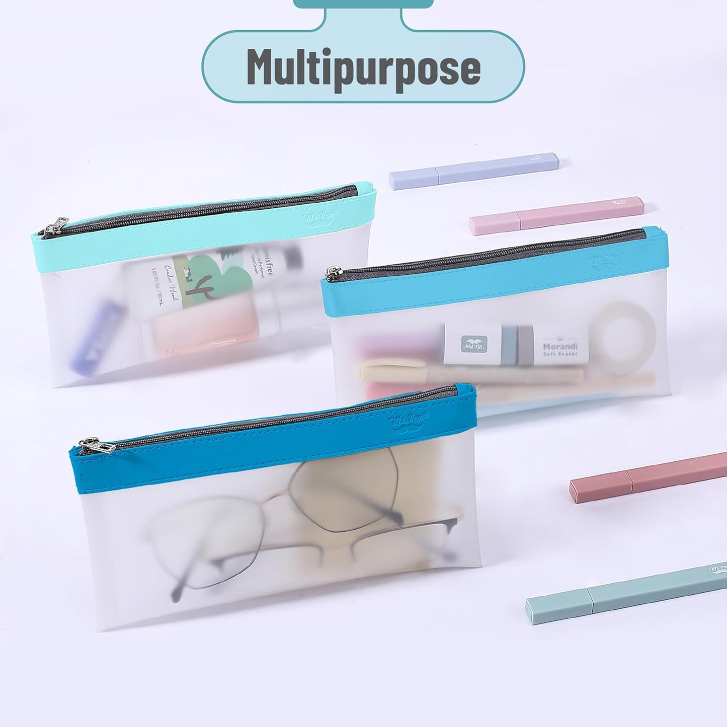 Mr. Pen- Clear Pencil Pouch, 8.50"x4.25", 3 Pack, Durable TPU Material, Medium Water-Resistant Pencil Bags with Smooth Zipper, Multipurpose Clear Pouch for Stationery, School, Office, Travel Supplies