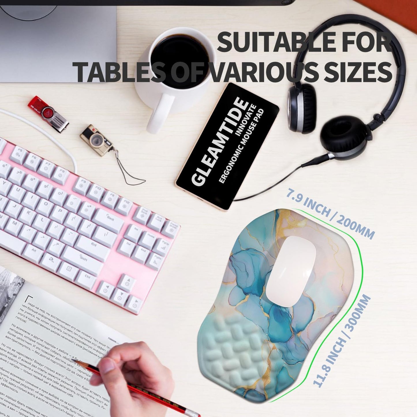 Ergonomic Raised Mouse Pad Wrist Support with Bilateral Slope Memory Foam Mousepad for Wrist Rest and Carpal Tunnel Pain Relief 11.8x7.9〃 Black