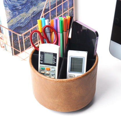 Round Leather Art Supply Organizer,Remote Control Holder,360 Degree Rotating,Multi-Functional Pencil Holder,4 Compartments Desktop Stationary Organizer(1-Fractal Flower) | Round - Colors A