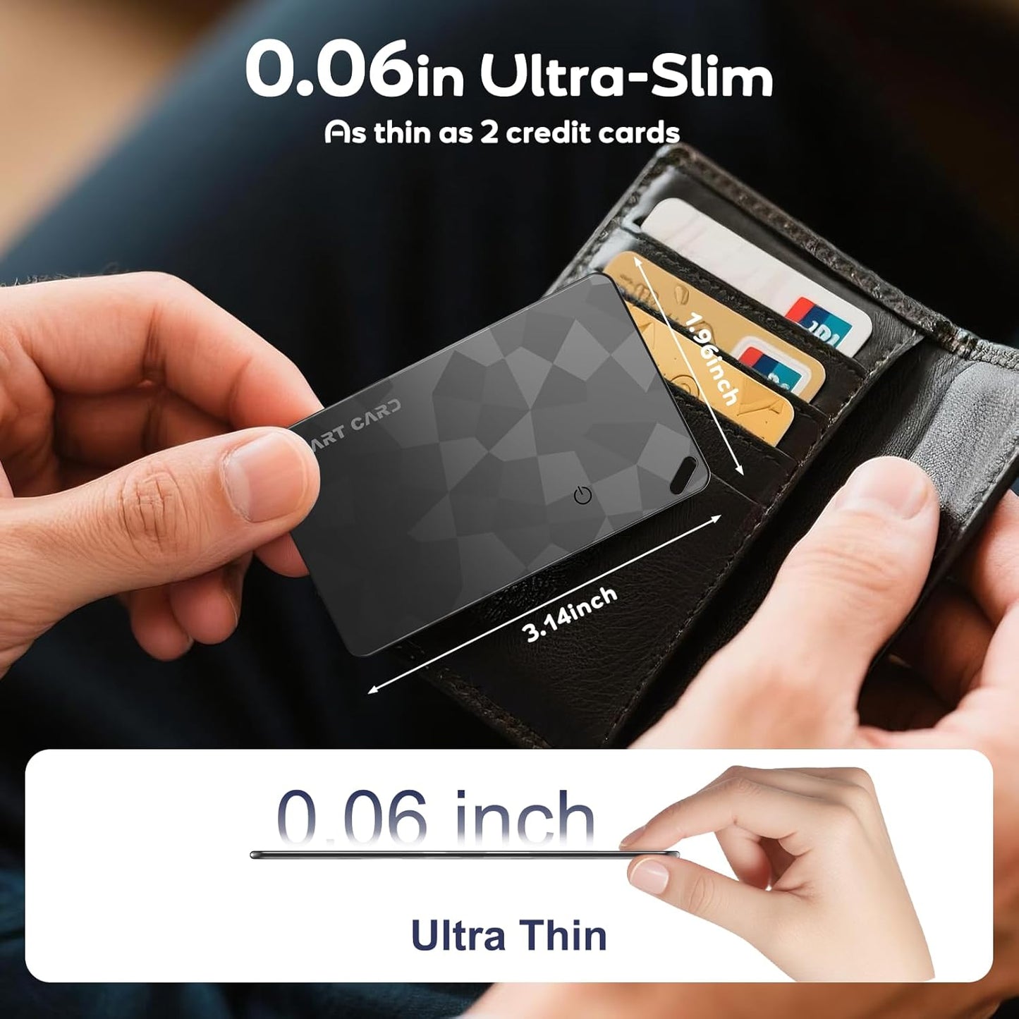 Wallet Tracker Card (iOS and Android) - 0.06in Slim Tracking Card, IP68 Waterproof Bluetooth Smart Card, Work with Apple Find My & Google Find Hub, Item Finder for Luggage, Passports, Purse, Backpack