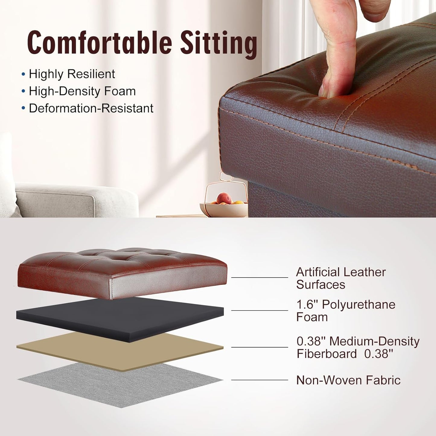 BelugaHelper Storage Ottoman Foot Rest Stool, Foldable Leather Footstool Storage Bench with Thicker Foam Padded Seat. Foot Rest Under Desk for Living Room Bedroom 350 lbs, 17x13x13 in, Brown