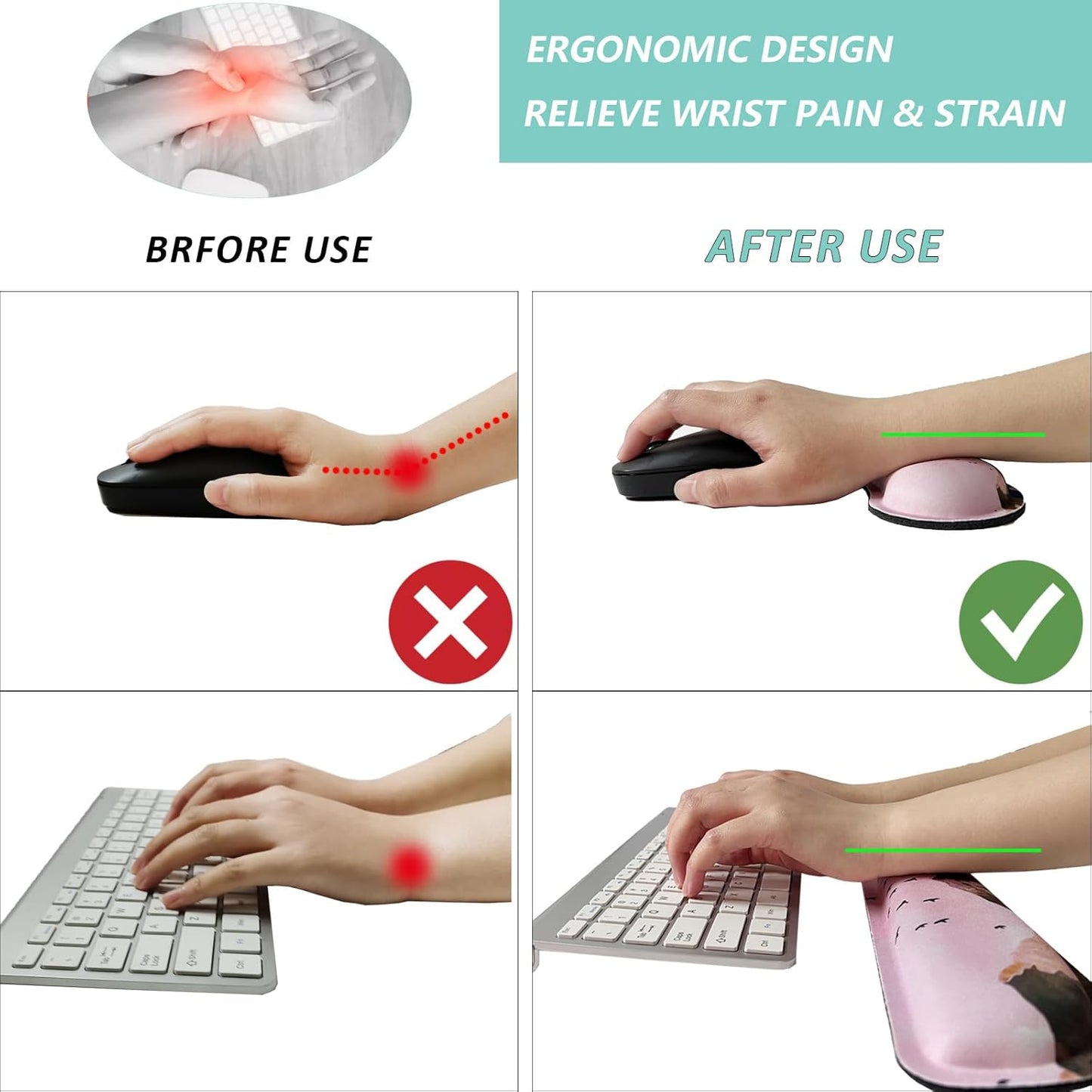 Keyboard Wrist Rest Mouse Wrist Support Set, Memory Foam Wrist Rest Pad for Computer Laptop Keyboard Mouse, Ergonomic Wrist Cushion Support for Typing Pain Relief, Gaming Home Office, Flowers Grass