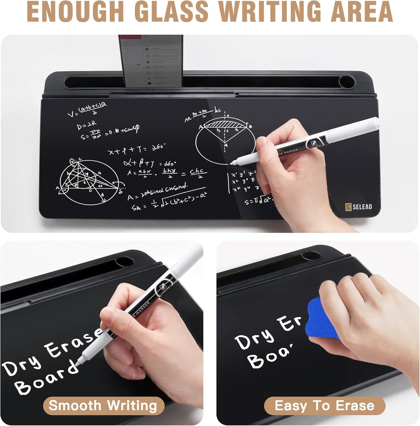 SELEAD Desktop Glass Whiteboard with Wireless Charger Station, Dry Erase Board Computer Pad Keyboard Stand with Organizer for Home, School, Office Desk Accessories, Black