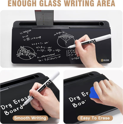 SELEAD Desktop Glass Whiteboard with Wireless Charger Station, Dry Erase Board Computer Pad Keyboard Stand with Organizer for Home, School, Office Desk Accessories, Black