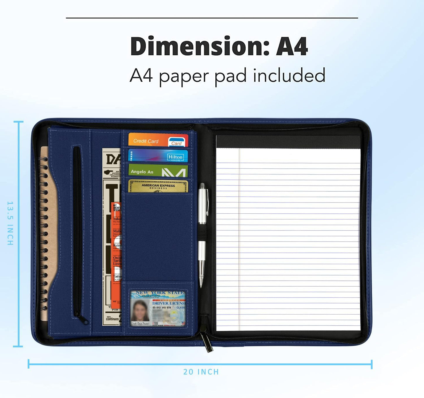 Zippered Portfolio Organizer/ A4 Refillable Lined Writing Notepad Folder Case/Fabric-Covered Padfolio Binder with Interior Storage Pocket for Men Women.Classic Black