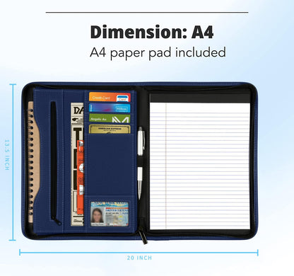 Zippered Portfolio Organizer/ A4 Refillable Lined Writing Notepad Folder Case/Fabric-Covered Padfolio Binder with Interior Storage Pocket for Men Women.Classic Black