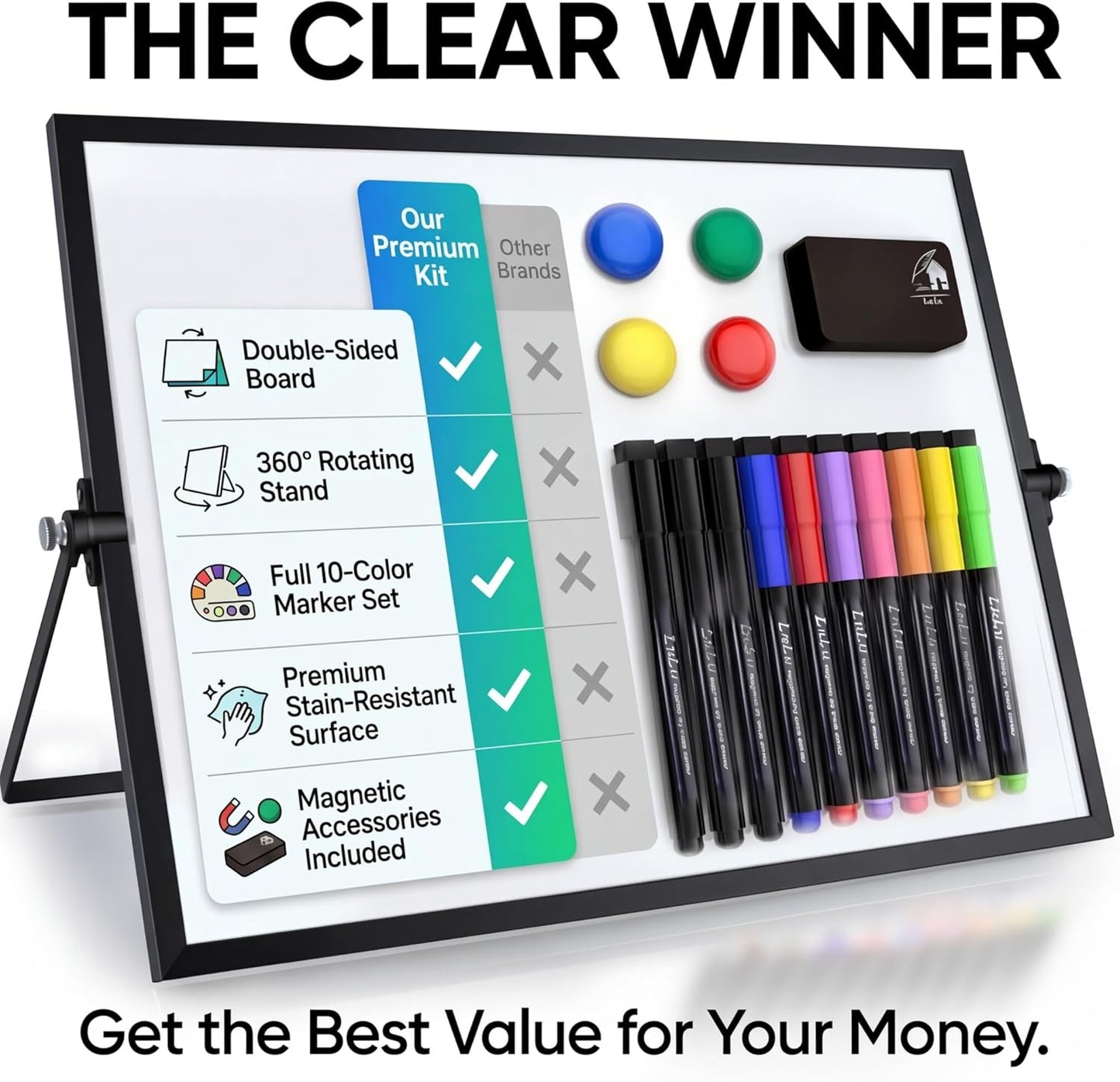 Magnetic Dry Erase Board 16x12 Inch - Double-Sided Desktop Whiteboard with 360° Rotating Stand - Small Portable White Board Set with 10 Markers, 4 Magnets, Eraser for Home Office, School, Desk