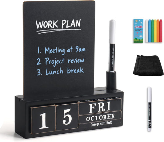SELEAD Wooden Block Desk Calendar with Chalk Board - Daily Desktop Perpetual Calendar Words Sign Quotes for Home Office Classroom Decor, Teachers Students - Black