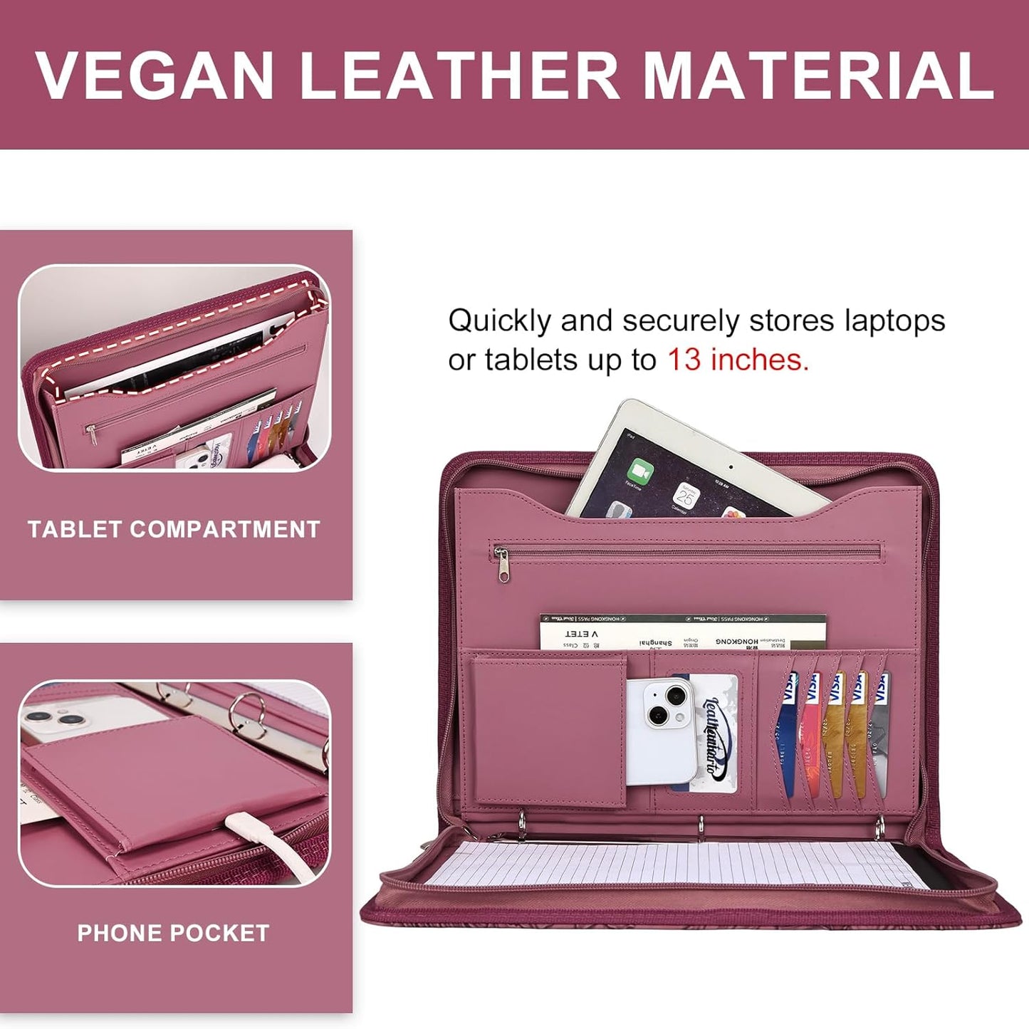 Leathario Portfolio Binder, Includes 10 Sheet Protectors and 3 Notepads, 3-Ring Folder Organizer, A4 Padfolio with Zipper, Vegan Leather Tablet Sleeve, Business Office Conference Clipboards