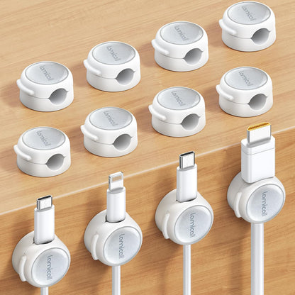 Lamicall 8 Pack Magnetic Cable Clips Cord Organizer - [Crystal-Clear & Silver Shine] Aesthetic Strong Adhesive Phone Charger Cable Management Clips for Nightstand, Home Office Desk Desktop Accessories