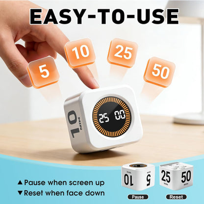 Pomodoro Timer Cube for Productivity — 5/25/10/50 Minutes Preset, Digital Gravity Sensor Desk Visual Timer for ADHD, Silent Mode, Ideal for Office, Study, Kitchen & Kids