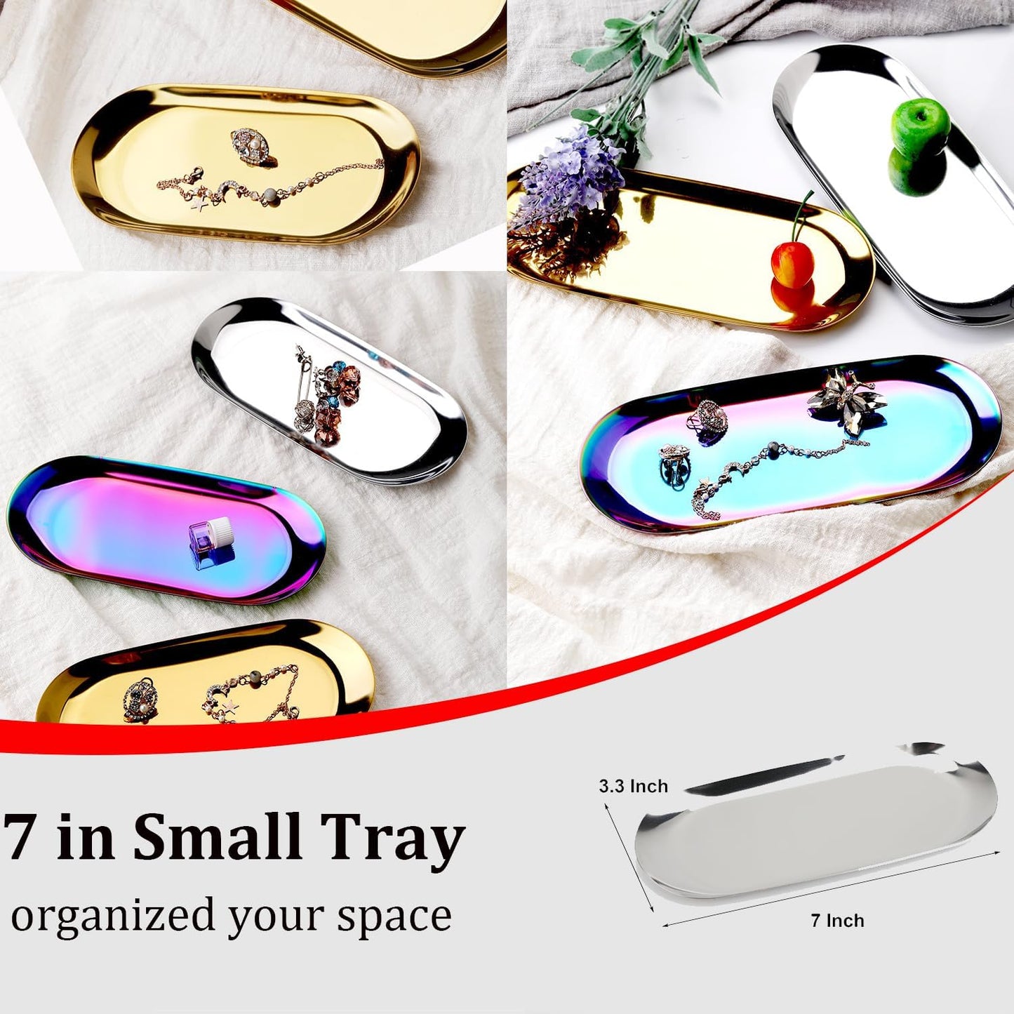 Stainless Steel Decorative Tray, Set of 2, 7 Inch Long, Jewelry Dish Cosmetics Organizer Bathroom Clutter Serving Platter Small Storage Tray, Oval, Matte Black