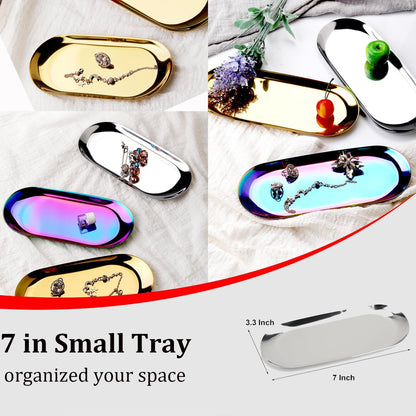 Stainless Steel Decorative Tray, Set of 2, 7 Inch Long, Jewelry Dish Cosmetics Organizer Bathroom Clutter Serving Platter Small Storage Tray, Oval, Matte Black