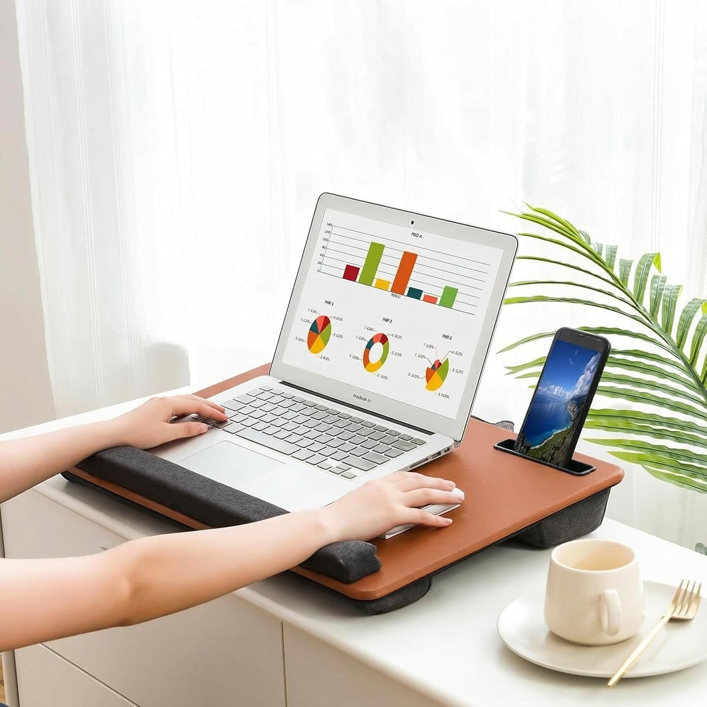 Lap Desk Home Office Lap Desk Portable Laptop Desk for Left Right - Handers with Whole Mouse Pad Wrist Pad Dual Cushion Phone Tablet Slots Fits Up to 17 Inch Laptops