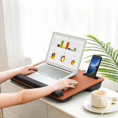 Lap Desk Home Office Lap Desk Portable Laptop Desk for Left Right - Handers with Whole Mouse Pad Wrist Pad Dual Cushion Phone Tablet Slots Fits Up to 17 Inch Laptops