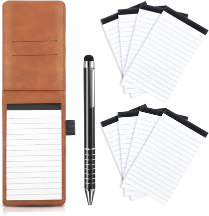 Outus 10 Pcs Mini Pocket Notepad Holder Set Included Small Leather Pocket Notebook Holder with 50 Lined Sheets, Metal Pen, 8 Pcs 3 x 5 Inch Memo Book Refills, 30 Lined Paper Per Note Pad (Black)