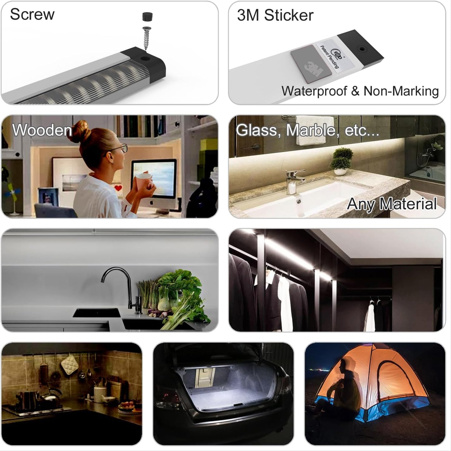 EBD LED Light Bar Built-in Adjustable Cable 12 Pcs Corner Input Under-Counter Light fixtures Work Bench linkable Touch Lights 3000K 5400 Lm Super Bright for Pantry Garage Shelves Closet Shelf