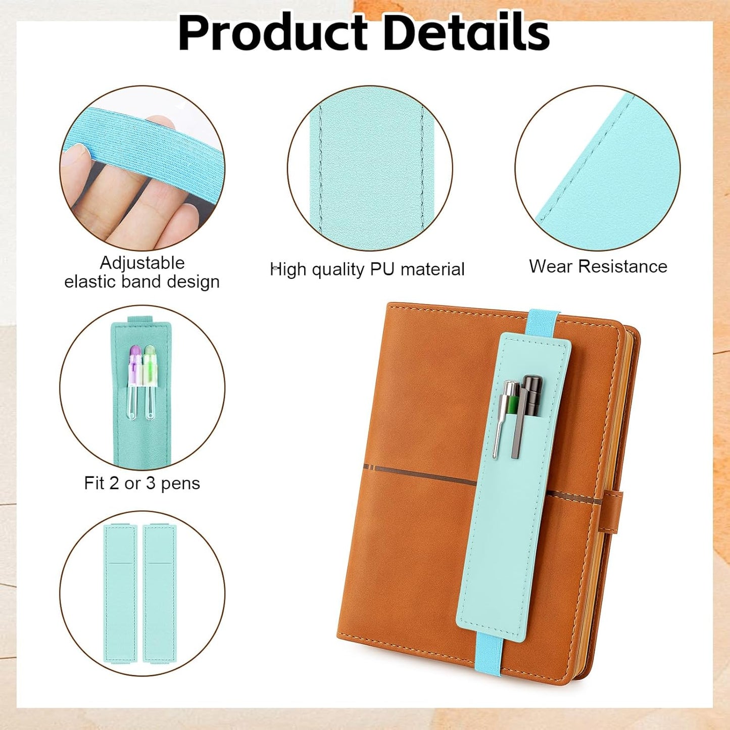 Tokusatsu 2 Pack Adjustable Elastic Pen Holder for Notebook, PU Leather Pencil Pouch with Stretchable Band, Fits Journals, Binders, Planners, Books, Portable Pen Sleeve Pouch, Off-White
