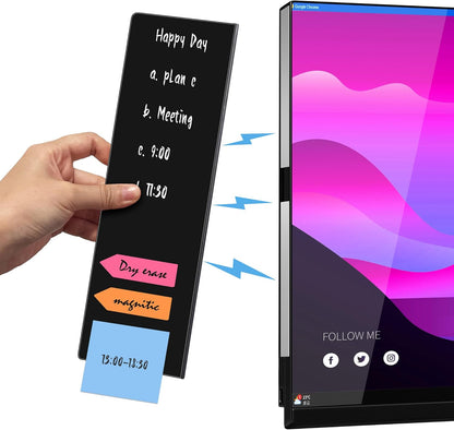 Crpich Magnetic Monitor Memo Board, Glossy Black Large 13.2 x 3.3 Inches, Detachable Side Screen to Do List Holder, Vertical Desk Organizer for Office & Gaming Setup