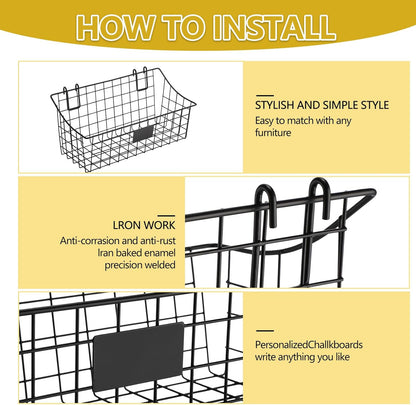 4 Pack Black Grid Wall Baskets, 12 x 6 x 5.1 Inch Metal Wire Wall Basket with Hooks Label Hanging Basket Accessory for Vendor Trade Shows, Kitchen, Bathroom, Pantry Storage