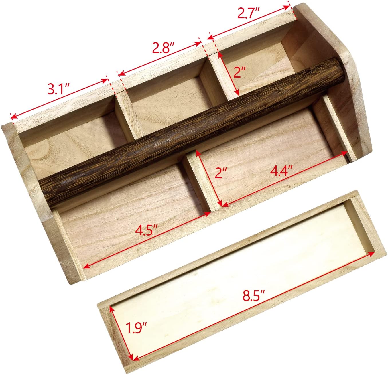 Ikee Design Small Natural Wood Color Wooden Craft Tool Box Caddy with a Handle for Storage Tool, Makeup, Collections with 5 Compartments for Storage and Organizing, 10 W x 5.1 D x 3.5 H in
