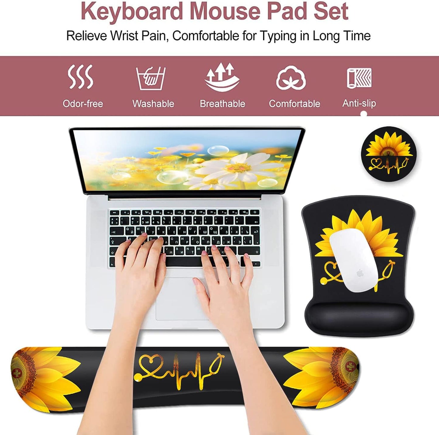 Mouse Pad with Wrist Support, Ergonomic Gel Mouse Pad Beautiful Flowers,Non-Slip Durable, Memory Foam Keyboard Wrist Rest, Suitable for Office Typing Games, Pink Hyacinths on Wood Panel