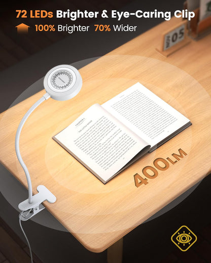 Glocusent 72 LED Clip on Lamp with Remote, Reading Light with Amber Ring, 3 Colors & 5 Dimmable Bed Lamp, 30/60-Min Auto Off Timer, Clamp Light for Headboard/Dorm/Bunk (Black)